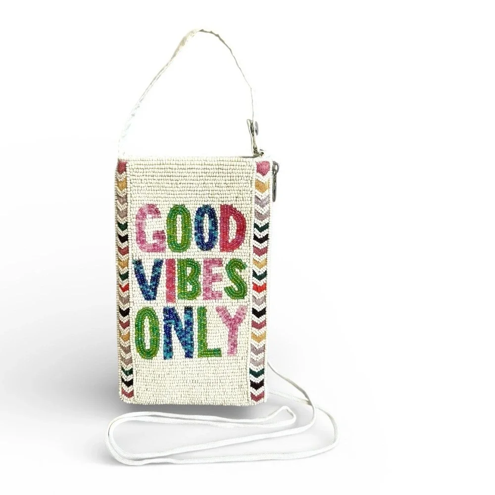 Bamboo Trading‎ Co Beaded Phone Crossbody Bag Good Vibes Only Wristlet Satchel